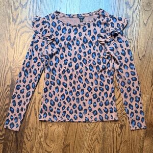 Leopard Print Ruffle Sleeve Top - Tan Brown and Blue